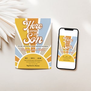 Here Comes the Son Baby Shower | Baby Boy Shower Invite | Here Comes the Son Invite | Son Invite | Retro Baby Shower Invite