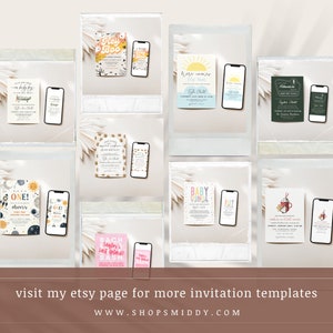 May include: Collection of invitation templates with various designs, including a baby shower, birthday, and bachelorette party. Each design is displayed with a smartphone mockup. The text includes "Hey Boo", "ONE!", and "Here Comes The Son".
