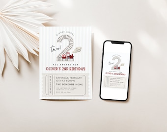 May include: A printable invitation for a child's second birthday party. The invitation features a train on a track shaped like the number two. The text on the invitation reads "Chugga Chugga two! All aboard for Oliver's 2nd Birthday".