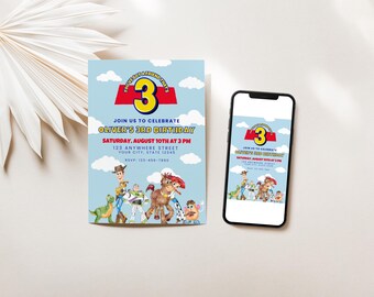May include: A blue and red birthday invitation with a cartoon image of Toy Story characters. The invitation says "Join us to celebrate Oliver's 3rd Birthday" and includes the date, time, and location of the party.