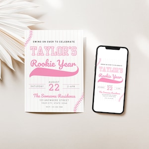 Invitación a la fiesta de cumpleaños del año del novato en color rosa pastel / Plantilla de invitación al primer cumpleaños de béisbol / Little Slugger Turning One / Plantilla de Canva editable