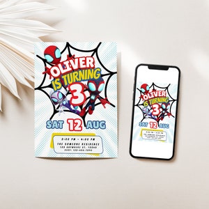 Spider en zijn geweldige vrienden verjaardagsfeestje uitnodigingssjabloon | Spinuitnodiging | Spinnenwebuitnodiging | Bewerkbaar canva direct digitaal downloaden