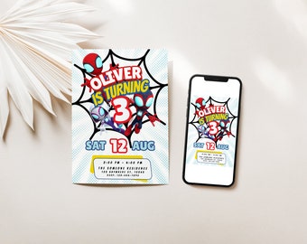スパイダーと仲間たちの誕生日招待状テンプレート｜編集可能なCanva（デジタルダウンロード）