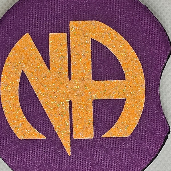 N.A. Theme Sublimate Car Coaster,2 Pack non slip neoprene Bottom,Purple with Orange Glitter HTV,Narcotics Anonymous,Coffee mat,Thumb Cut Out