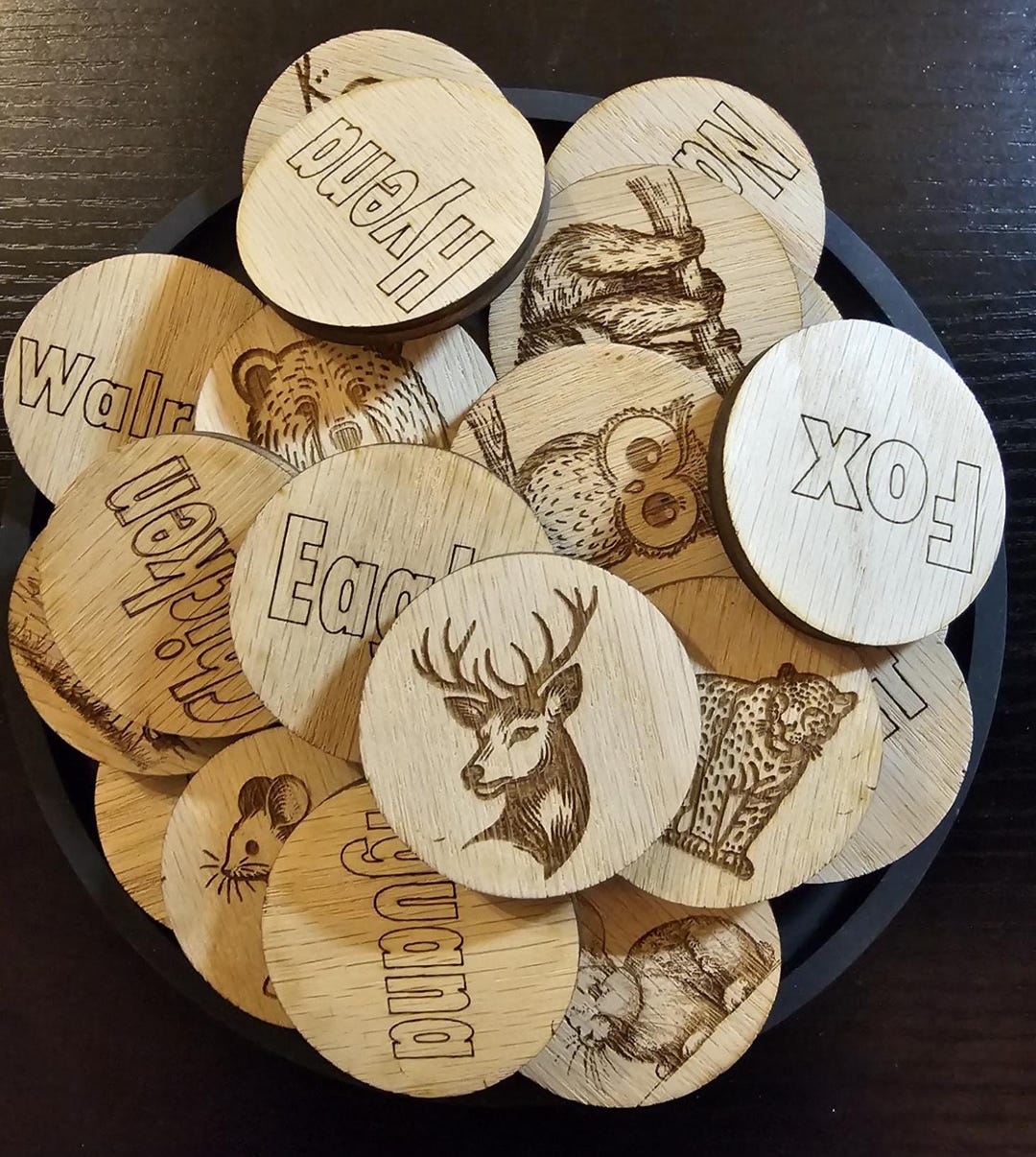 Animal Pattern Disc Engraved Wooden Animal Alphabet Discs: Montessori Learning Toy. Nature ...