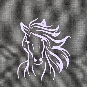 May include: A white line drawing of a horse's head with flowing mane on a gray canvas background.