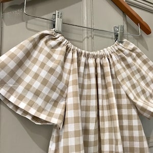 Girls dress dress size 8-10 beige check gingham elastic neckline boho peasant style dress 100% cotton fabric handmade dress short sleeve