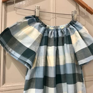 Girls dress dress size 8-10 blue check gingham elastic neckline boho peasant style dress 100% cotton fabric handmade dress short sleeve