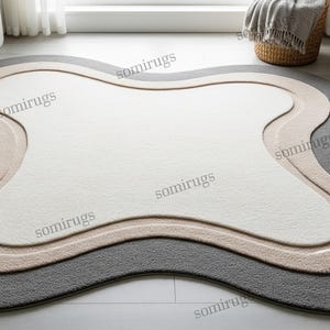 Irregular White Grey Hand Tufted Wool Area Bedroom Rugs, Freeform Beige 5x7 Living Room Rug, Modern Abstract High Low Texture Layered Rug