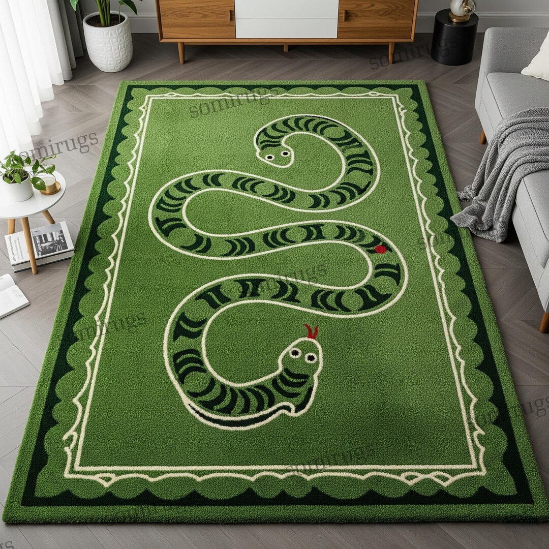 Vibrant Green Hand Tufted Snake Design Rug, Modern Whimsical Serpent ...
