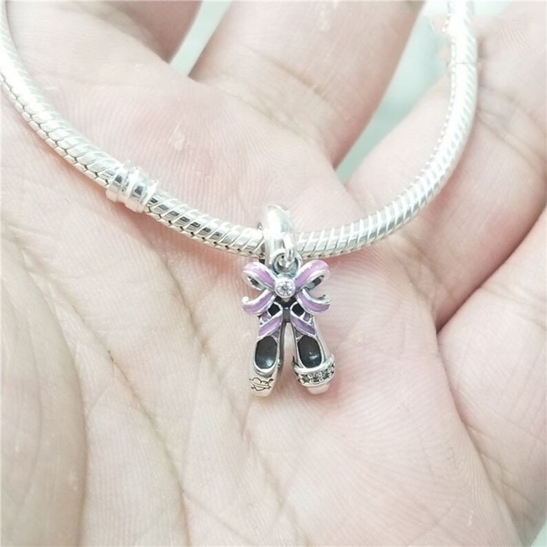 Charm for Pandora, S925 Sterling Silver Pink Ballerina Shoes Charm With