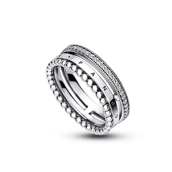 Pandora Signature Logo & Pavé Double Band Ring, Sterling silver