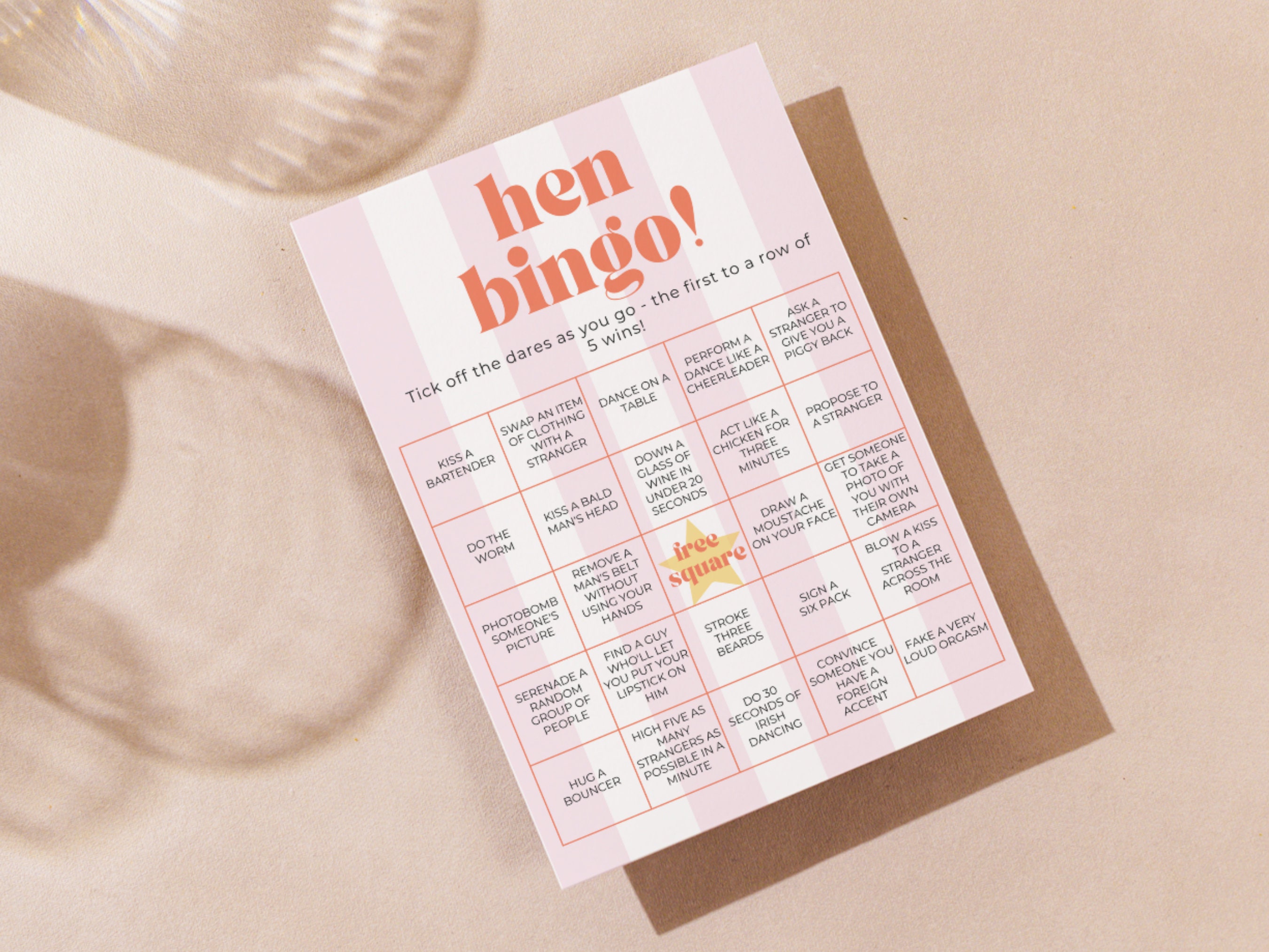 Hen Bingo Hen Party Game Pink Candy Stripe Theme Hens Bachelorette ...