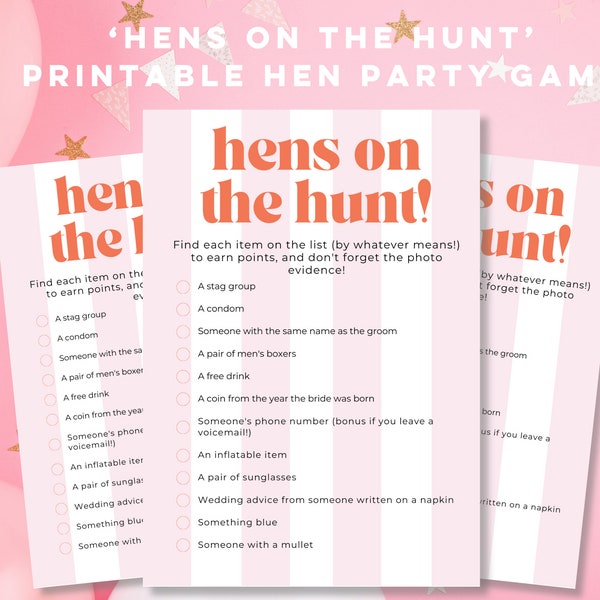 Hens on the Hunt hen party game | Pink candy stripe theme | Hens bachelorette bridal shower games | Digital download | Print at home