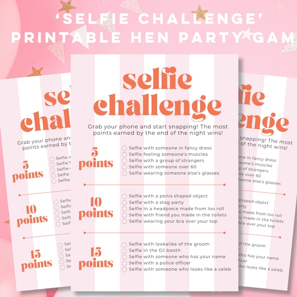 Selfie Challenge hen party game | Pink candy stripe theme | Hens bachelorette bridal shower games | Digital download | Print at home