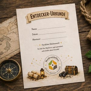 Puede incluir: Un certificado de estilo vintage con el texto "ENTDECKER-URKUNDE" y campos para rellenar con nombre, fecha y aventura. El certificado está decorado con una brújula, un mapa, un cofre del tesoro, unos prismáticos y pergaminos enrollados.