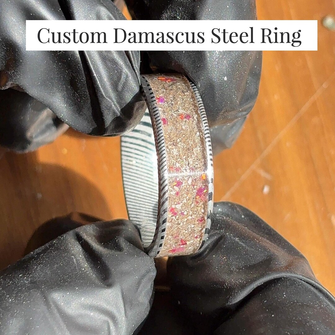 Custom Damascus Steel Inlay Ring: Memorial Ash, Fur, Rocks, Gemstones ...