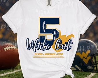 WVU White Out  Legendary Mountaineer Pat White 5 football Morgantown WV retirement shirt design  png 300 DPI transparent background digital