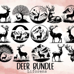 Deer in the Forest Bundle Svg Png, Deer Svg, Deer Png, Deer Vector, Deer Silhouette, Forest Silhouette, Mountain Svg, Instant Download