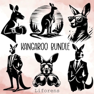 May include: A set of five black and white illustrations of kangaroos in different poses. The illustrations include a kangaroo wearing boxing gloves, a kangaroo in a suit, a kangaroo standing on its hind legs, and a kangaroo with sunglasses. The text "Kangaroo Bundle" is written in white letters on a black background.