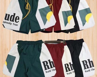 Rhude Shorts Sunset Letter Print Stitching Contrast Color Hip Hop Beach Pants Casual Sports Five Point Shorts Unisex