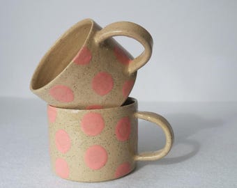 Pink Polka Dot Mug, Handmade Ceramic Coffee Mug, Wheel Thrown Pottery Mug, Cute Speckled Mug, Handmade Gift for Her, Pink ceramic mug