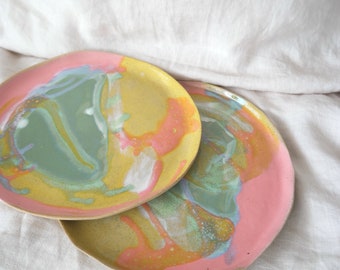 Handmade Pottery Plate Set | Green, Yellow, Pink Glazed | Rustic Ceramic Dinnerware | Handmade ceramic plate set | Unique pottery plates