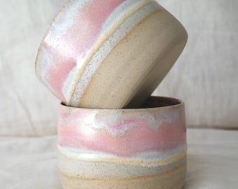 Ceramic Cups Set | Handmade Cup Set | Wheel Thrown Pottery Keep Cups | Pink and White Ceramic Tumbler Set | No Handle Mug Pair