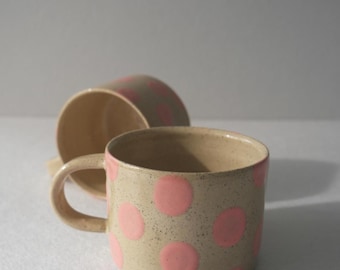 Pink Polka Dot Mug, Handmade Ceramic Coffee Mug, Wheel Thrown Pottery Mug, Cute Speckled Mug, Handmade Gift for Her, Pink ceramic mug