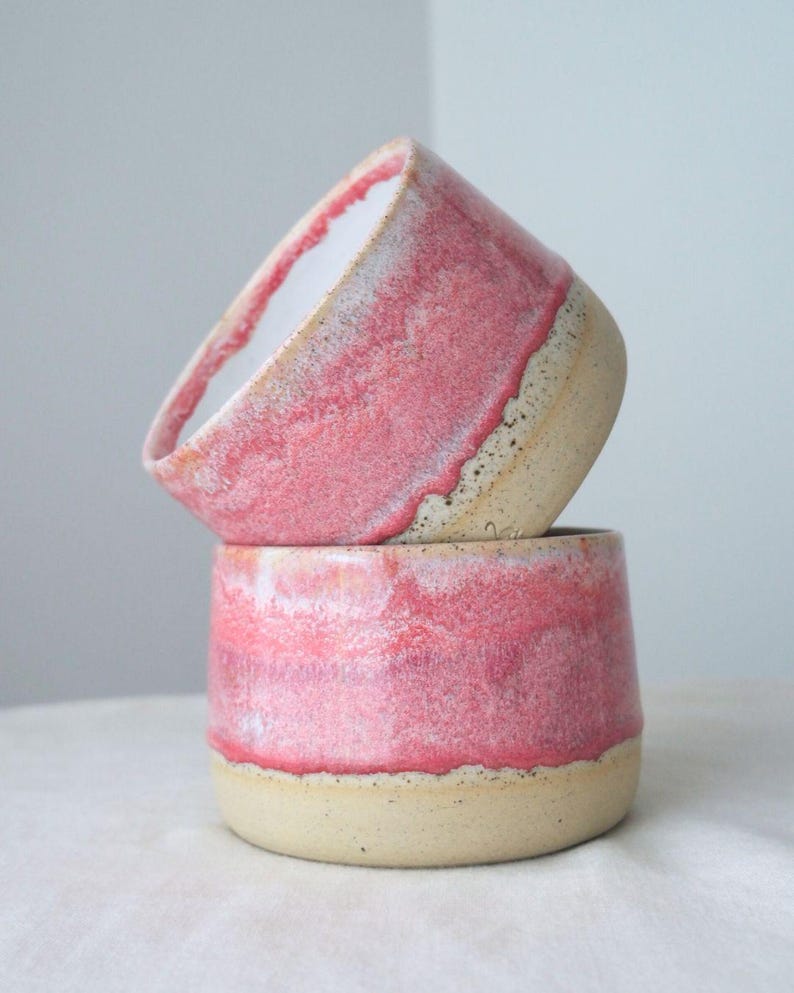 Handmade pottery cup in pink glaze. Handleless ceramic mug crafted on the wheel, Australian clay, dishwasher safe and microwave safe. Perfect gift for coffee or tea lovers.