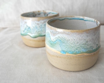 Blue Handmade Cup, Gift for Dad, Wheel Thrown Pottery Cup, Blue & Green Ceramic Drinkware, Rustic Handless Mug, Ready to Ship