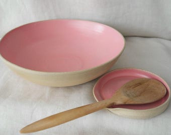 Pink Ceramic Fruit Bowl with Spoon Rest | Handmade Pottery Serving Bowl | Pink Fruit Bowl | Kitchen Christmas Gift for Her
