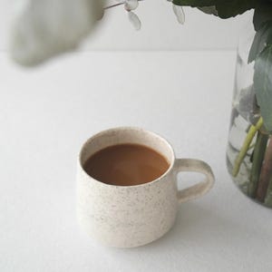 May include: A round ceramic mug with a speckled off-white finish filled with brown coffee. The mug features a curved handle on the right side and a smooth, rounded body. It is positioned next to a clear glass vase containing green leaves.