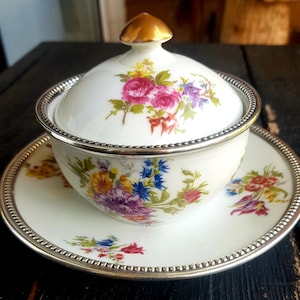 Tetard Freres 950 Silver & Limoges Porcelain Lidded Bowl with Fixed Saucer