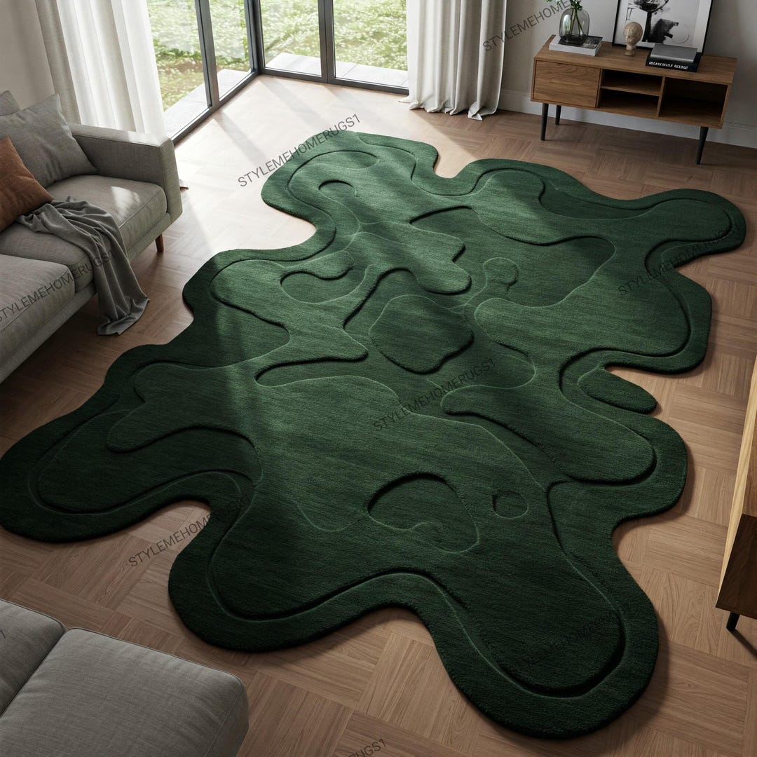 Deep Green Rug Pattern Deep Forest Green Abstract Irregular Hand Tufted Wool Rug for Bedroom ...
