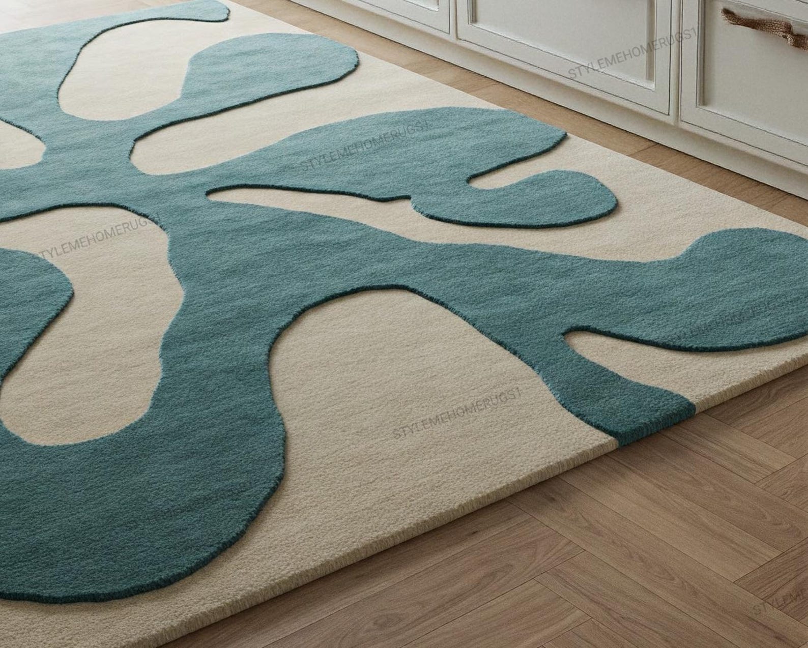 Beige Blue Abstract Hand Tufted Wool Area Rugs for Living Room, Custom ...