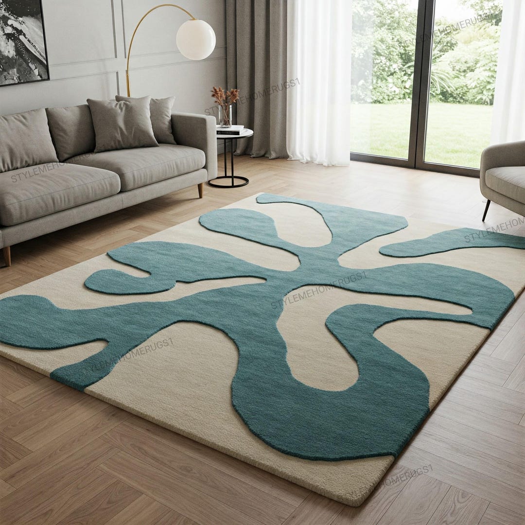 Beige Blue Abstract Hand Tufted Wool Area Rugs for Living Room, Custom ...
