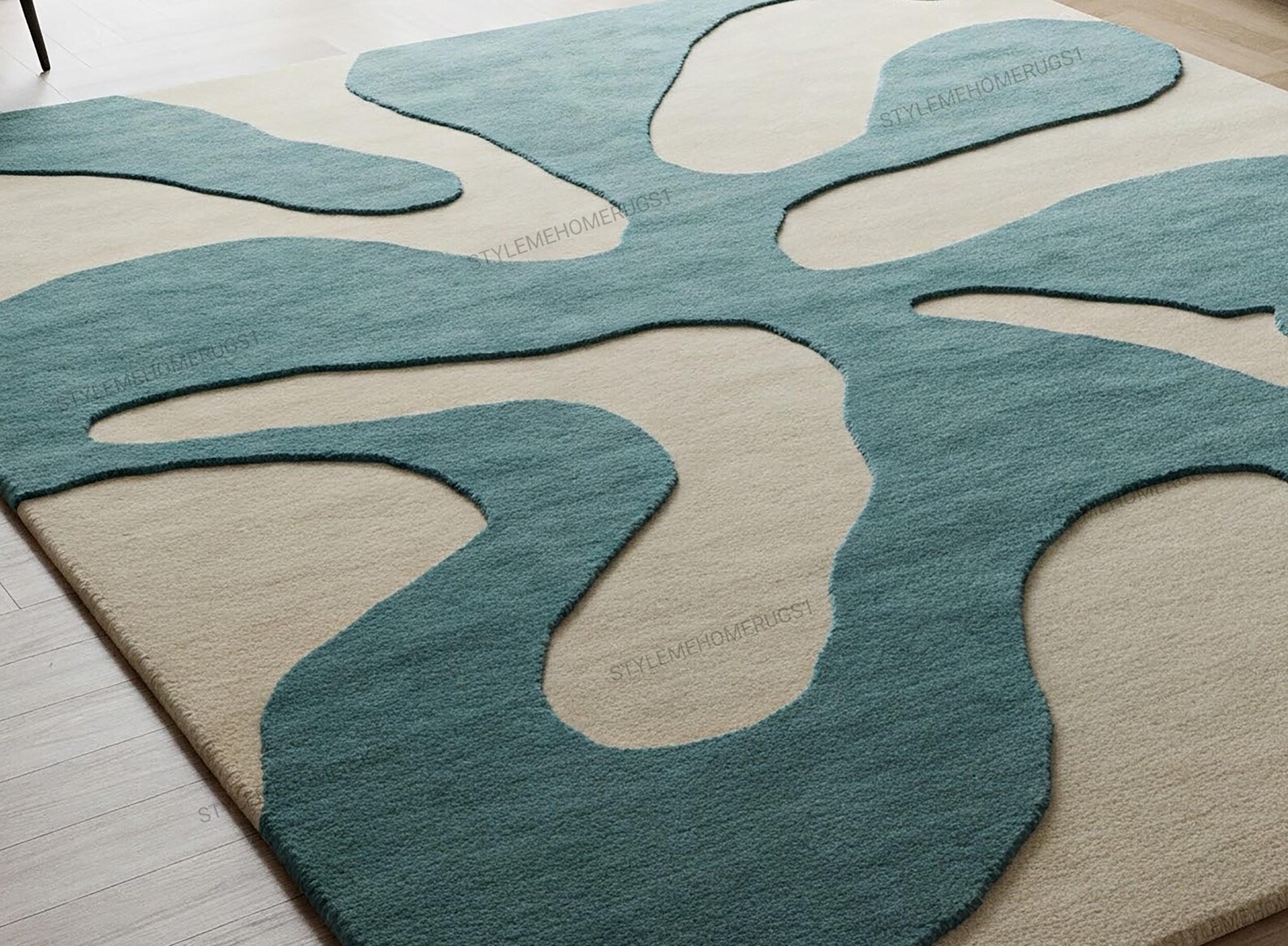 Beige Blue Abstract Hand Tufted Wool Area Rugs for Living Room, Custom ...