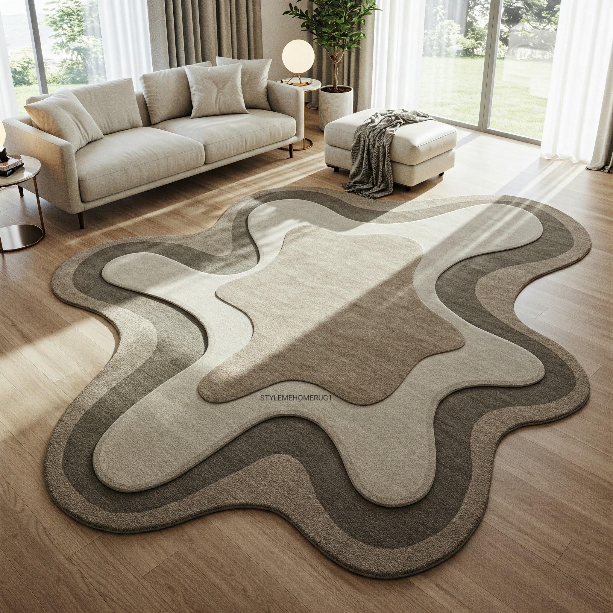 Tappeto di lana irregolare beige grigio crema astratto fatto a