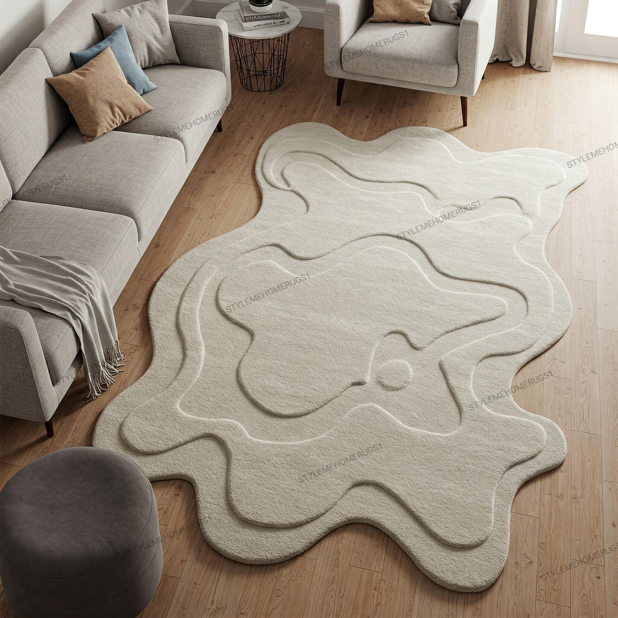 Muted Beige Wavy Irregular Organic Shaped Hand Tufted Wool Rugs For Living Room, Modern 8x10 9x12 Bedroom Rug, Dining Area Custom Carpet