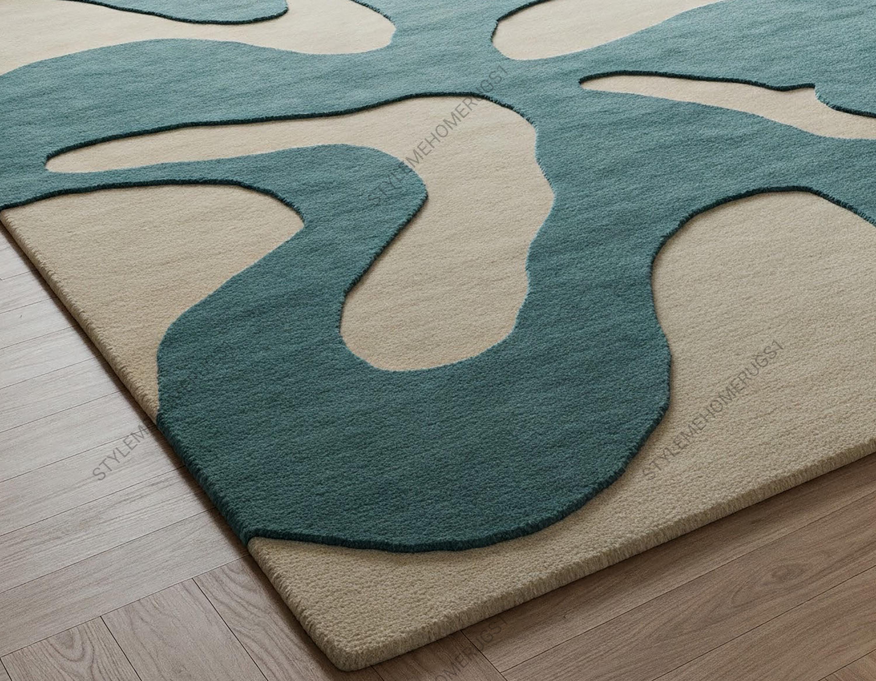 Beige Blue Abstract Hand Tufted Wool Area Rugs for Living Room, Custom ...