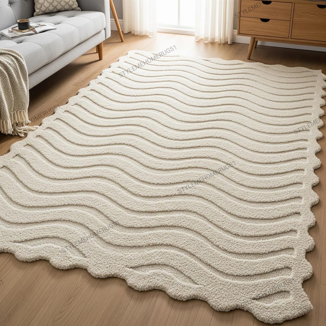 Off White Textured Rug Off White Abstract Wavy Scalloped Border Hand Tufted Wool Rugs for ...