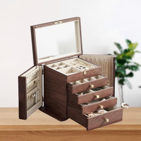 Handcrafted Walnut Wooden 5-Layer Jewelry Box with Mirror and 5 Spacious Drawers - Elegant Storage Solution