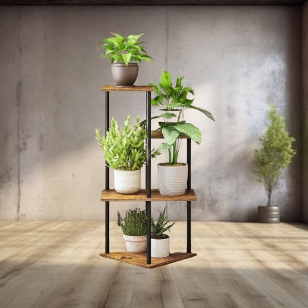 Rustic Wood and Metal Plant Stand: Versatile Indoor/Outdoor Corner Display - Tall, Modern Design - Perfect Gift for Plant Lovers!