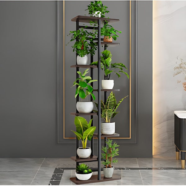 8 Tier 9 Potted Wood And Metal Plant Stand | Tall Plant Stand | Modern Plant Stand | Indoor\Outdoor Plant Stand | Plant Lover Gift