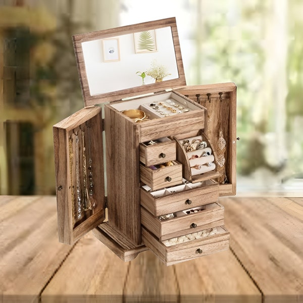 6 Layer Rustic Wood Jewelry Boxes With Mirror | Large Jewelry Box | Jewelry Organizer | Jewelry Box Girls | Handmade Jewelry Box