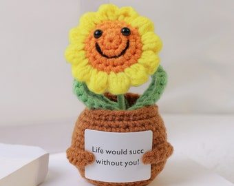 Handmade Cute Crochet Sunflower and Heart-shaped Potted, Crochet Flower Decor, Gift for mom, Encouragement Gifts,Emotional Support Plant