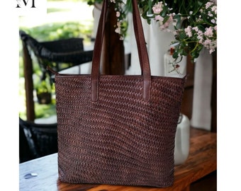 Leather Bag l Handcrafted Tote Bag with woven front for Office l Stylish Carry l Daily use l Premium leather l Vintage look