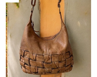 Leather bag Hobo with woven front for Office  l Stylish Carry l Daily use Color- Beige    ( 38 ht x 42 lnght x 11 wdth)