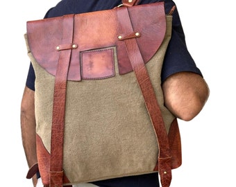 Leather trims Handmade Backpack  for Office l Stylish Carry l Daily use Color- Khakhi/ Burgandy (35 ht x31 lgth x 10 wd)